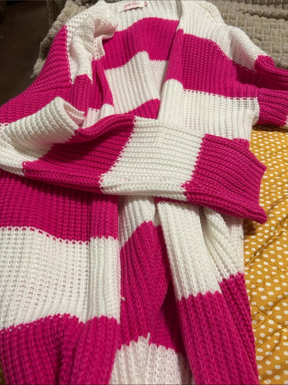 Jess Lea Hot Pink and White Striped Waffle Knit Cardigan